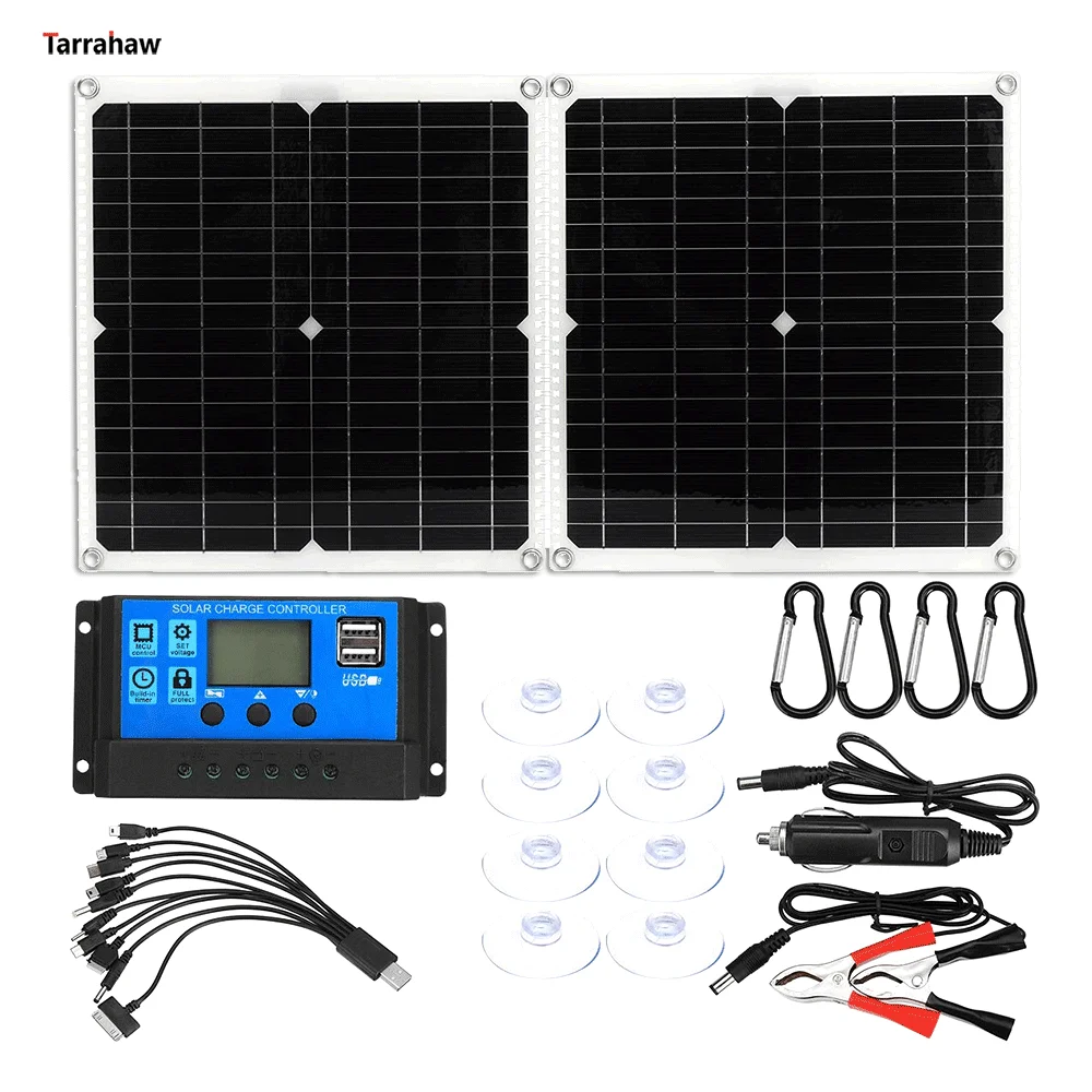 50W Foldable Solar Panel USB 5V 18V DC Output Outdoor PV Cells Portable Waterproof Charging Photovoltaic Plate Controller Kit