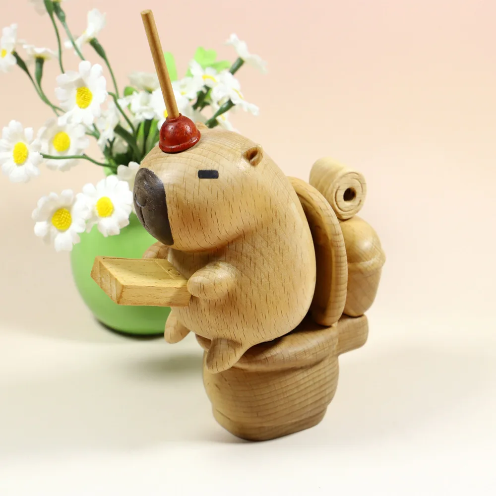 Solid Wood Capybara Magnetic Figurine Wooden Toilet Statue Cute Wood Carving Emotional Stability Home Decor Ornament Gift