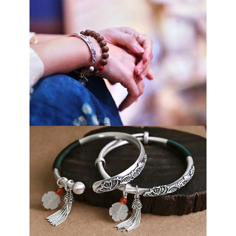 Bracelet With Tassels, Women'S Ethnic , Fashionable Open Design, Solid Ancient-Style Garlic-Shaped Silver Jewel