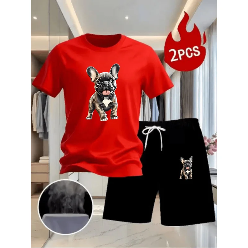 

Men's trendy cool cartoon French bulldog short-sleeve T-shirt + black shorts two-piece set, summer breathable sportswear set