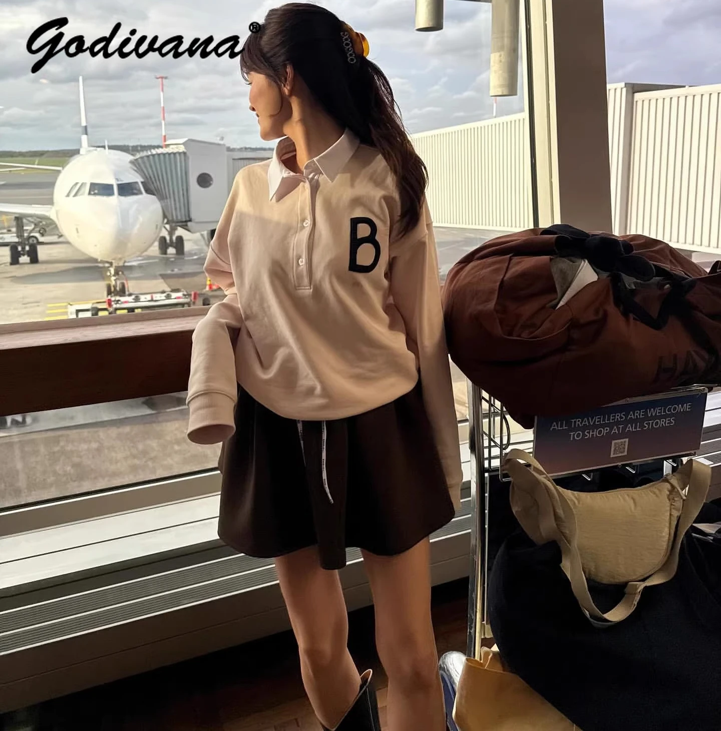 

Japanese Style Female High Waist Letters Drawstring Puffy Short Skirt Solid Color Women's A-line Skirts