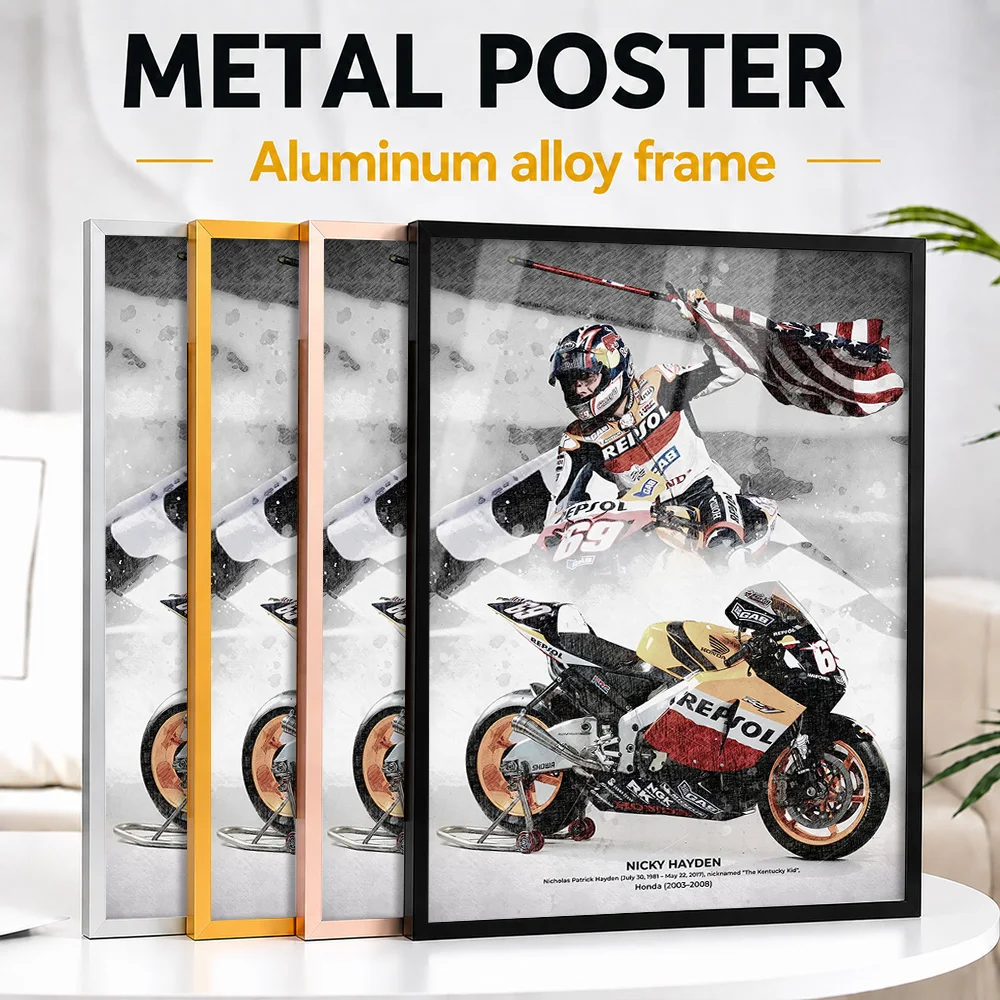 Nicky Hayden MotoGP Metal Poster With Aluminum Alloy Frame Personalized Photo Monochrome Action Style Wall Art For Living Room