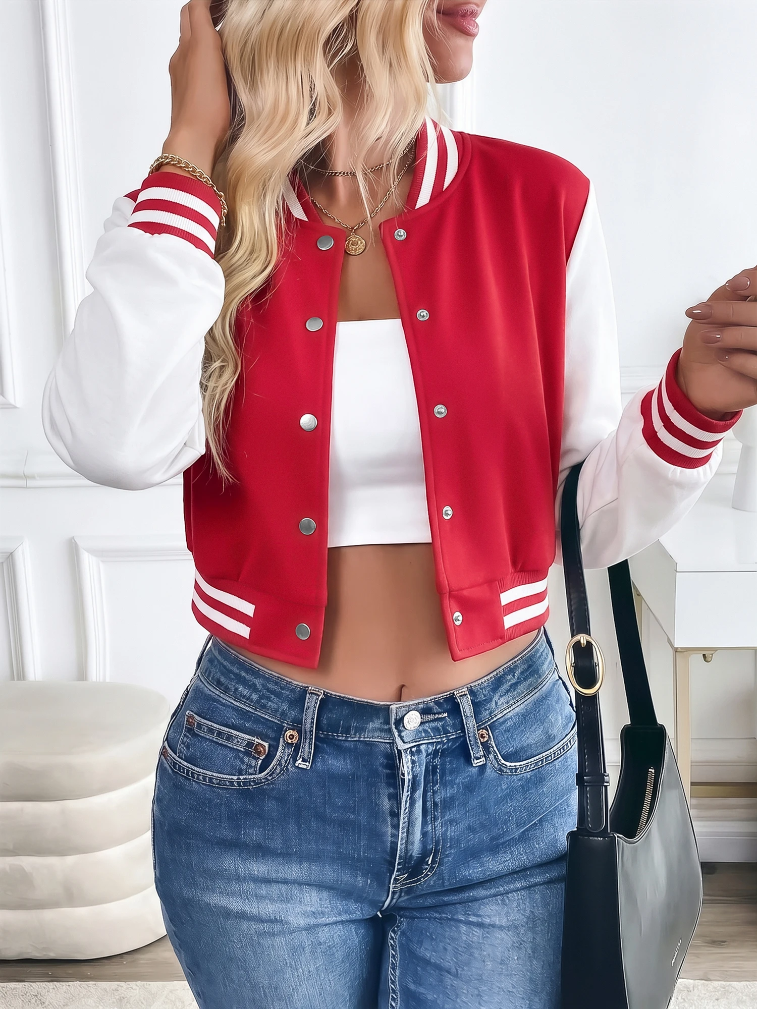 Ladies Y2K Cropped Baseball Jacket Contrast Splice Long Sleeve Snap Button Striped Rib Cuff Street Varsity Coat