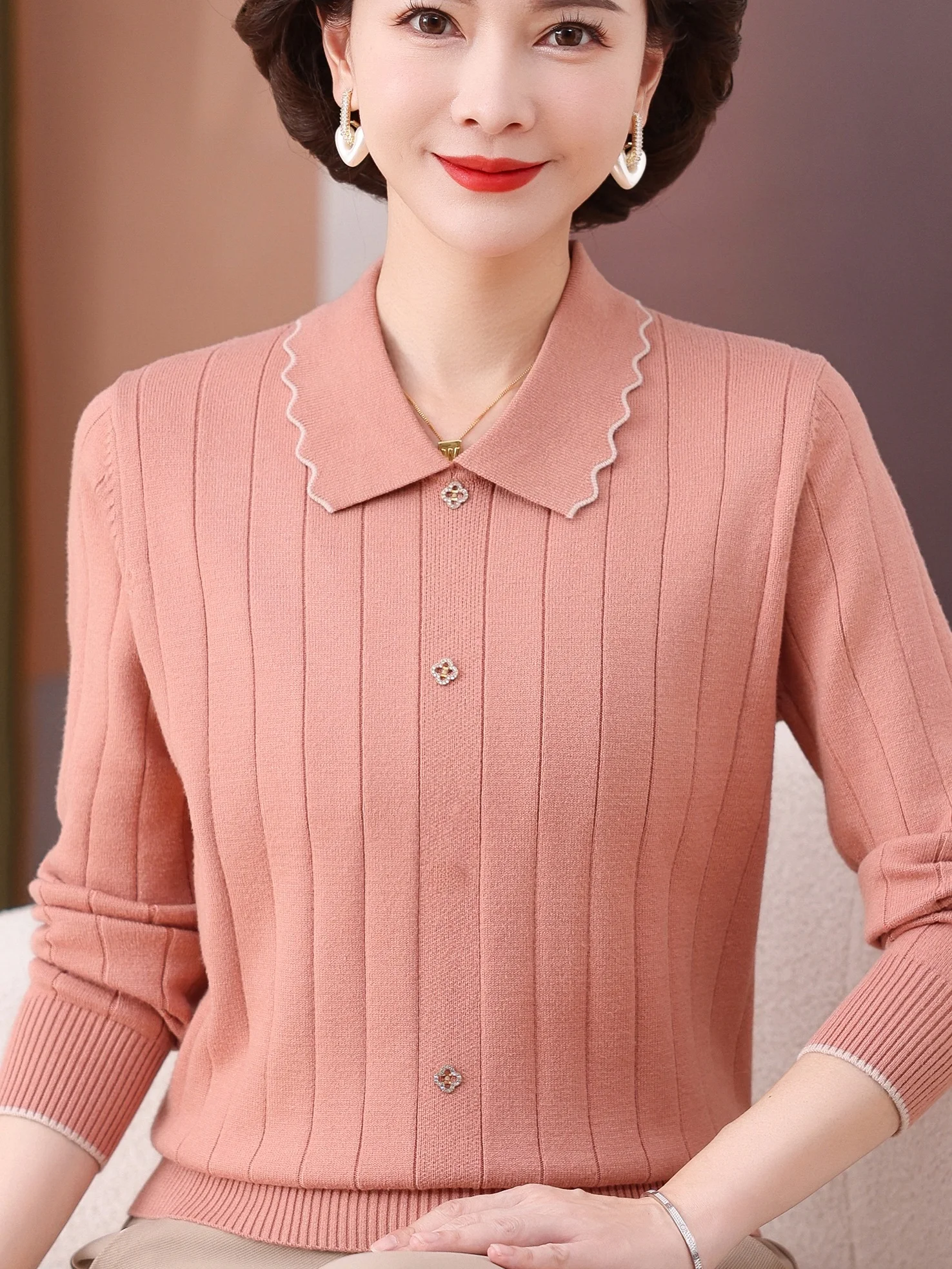 

Модный вязаный топ для женщин среднего и старшего возраста, тонкий, с длинными рукавами, с круглым вырезом, полосатый, базовый слой, весенний.