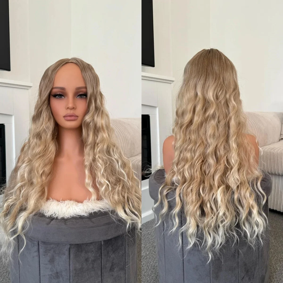 باروكة نسائية طويلة الطول أشقر فاتح صناعي عالي الدقة باروكات أمامية من الدانتيل مع جذور داكنة تسليط الضوء على موجة فضفاضة بدون صمغ جاهزة للارتداء #1