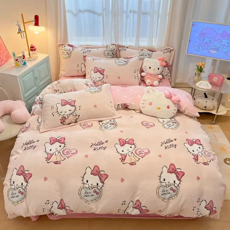 Sanrio Cartoon Winter Milk Velvet Bedding Set Hello Kitty Girls Single Double King Queen Size Pillowcase Bed Linens Home Textile