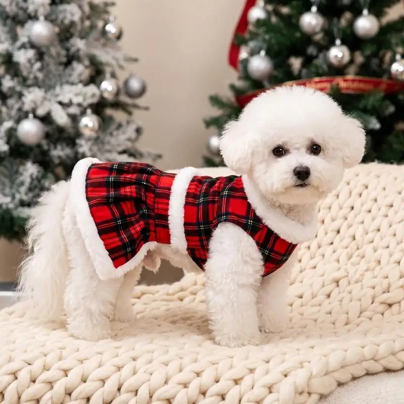1 Pet Red Two-Piece Checkered Dress Set Suitable for Cat and Dog Holiday Gift Outfit Matching