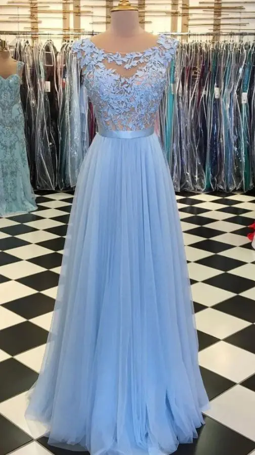 Blue Prom Dresses Sleeveless Lace Applique Crystal Tulle A Line Floor Length Sleeveless Formal Party Evening Gowns Elegant Women