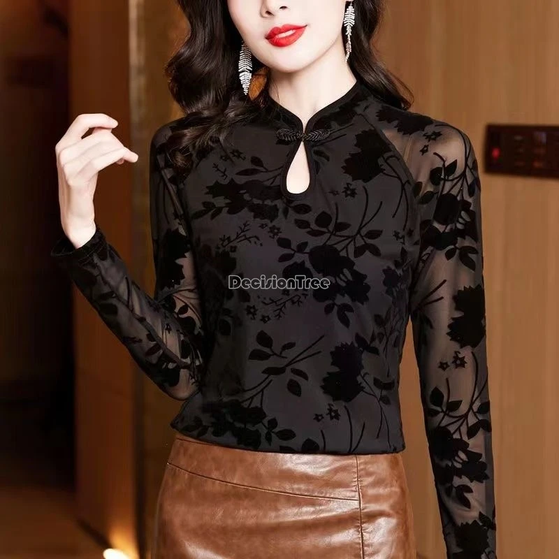 2024 new retro chinese style improved cheongsam top sexy hollow out lace printing blouse elegant lady party versatile slim top