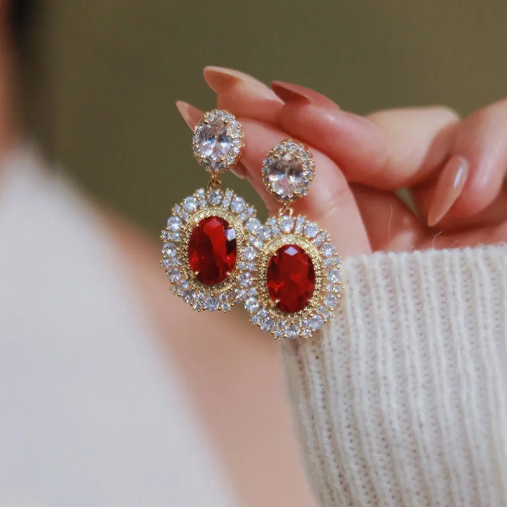 Temperament Court Style Oval Red Cubic 5A Zircon Dangle Earrings for Women Luxury Valentine's Day Birthday Party Gifts Jewelry