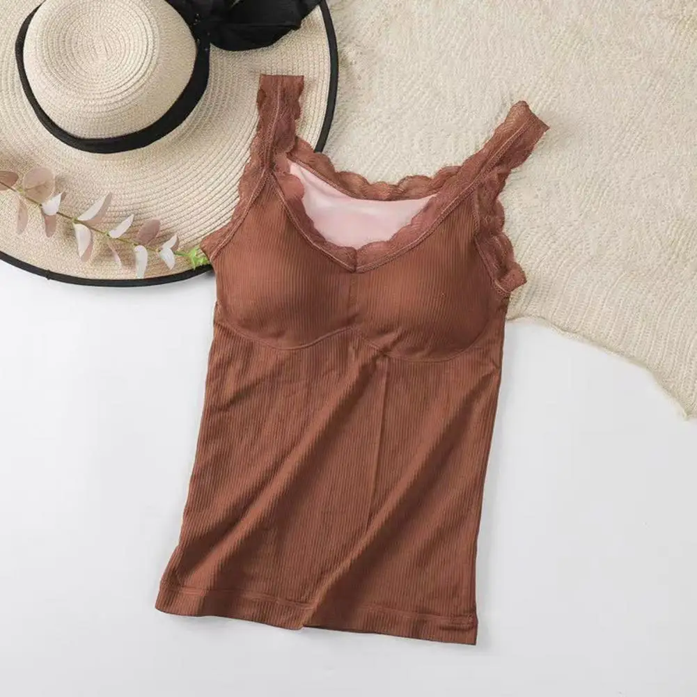 

Warm Fleece-lined Vest Regular Fit Vest Stylish Women's V-neck Lace Trim Vest with Padded Underwear Elastic Bottom Winter Daily