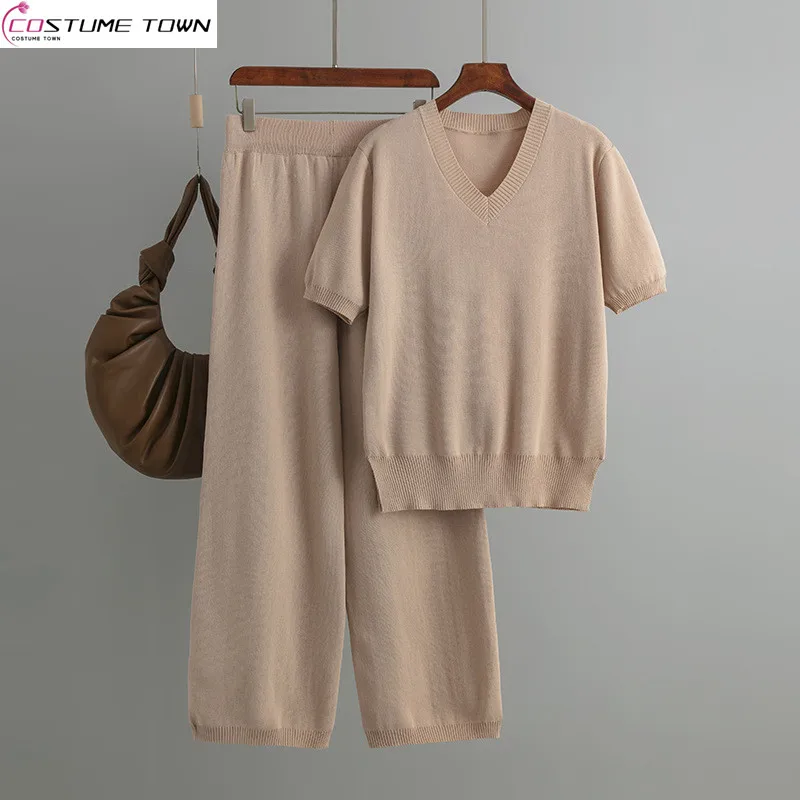 

Fashion Set Women's V-neck Loose Split Knit Top Two Piece Set High Waist Waist Drop Straight Leg Casual Pants