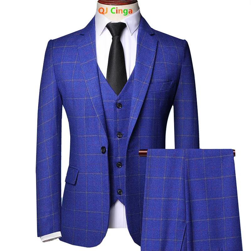 

2026 New Men's Blue Three-Piece Suit Set: Black-and-Gray Checkered Jacket with Vest and Trousers, Slim-Fit Suit in Asian Sizes.
