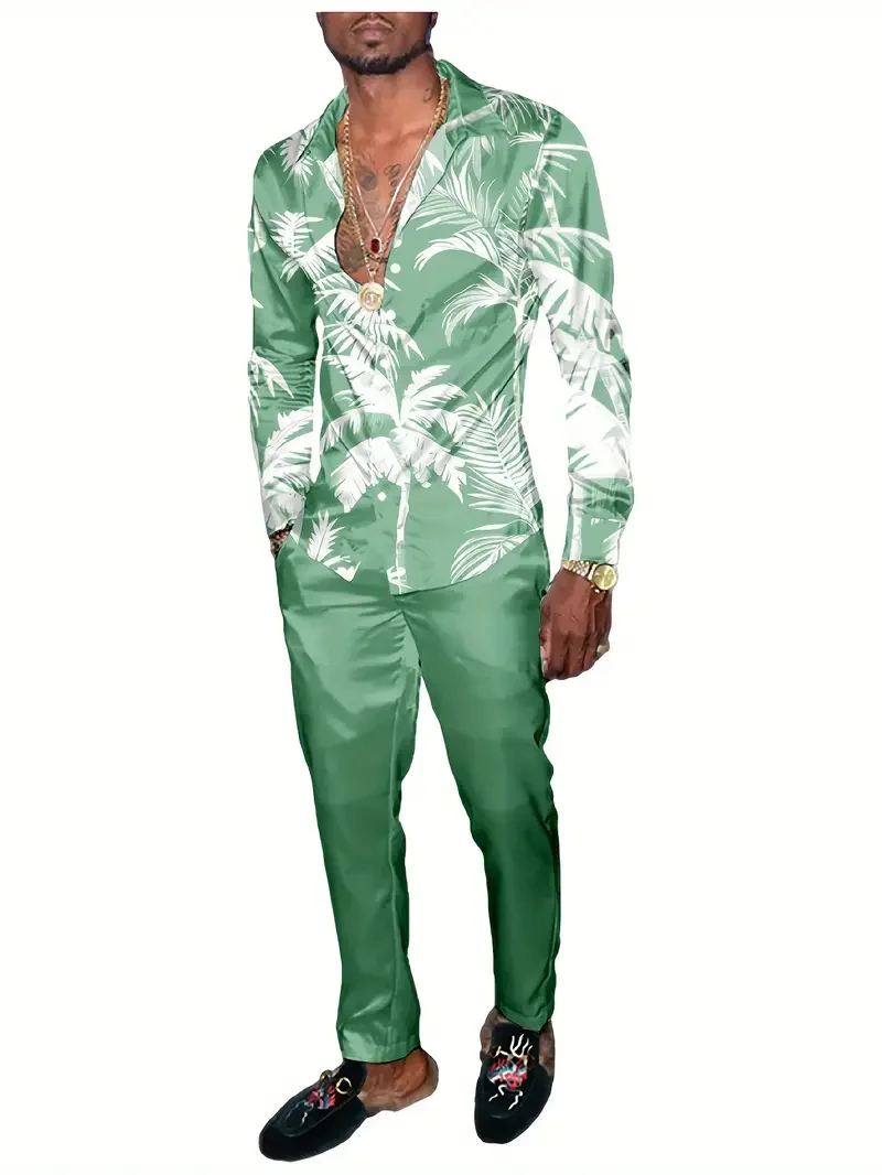 Long Sleeve Shirt Set Men's Coconut Tree Print 3D Printed Button-down Shirt And Pants Set New Men's Fashion Casual Simple Suit