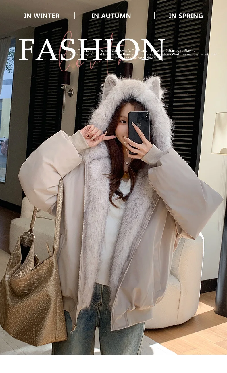 Women Shearling Parkas Coats Solid Jackets Hooded Zipper Pocket Long Sleeves Thick Loose Office Lady Casual 2025 Autumn Winter