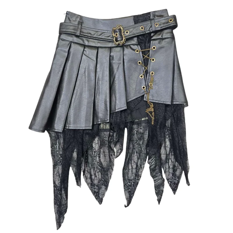 الأمريكية مثير الرجعية الدانتيل غير النظامية النساء عالية الخصر بولي Pu مطوي تنورة الخريف الشتاء جديد تنوعا سلسلة فضفاضة التنانير الموضة