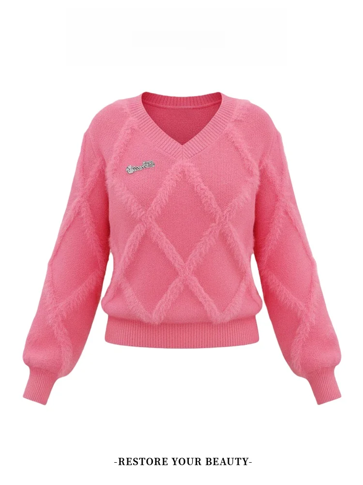 여성용 브이넥 니트웨어 루즈핏 베이스 레이어 탑 슬리밍 가을 겨울 패션 디자인 캐주얼 편안한 롱 슬리브 스웨터