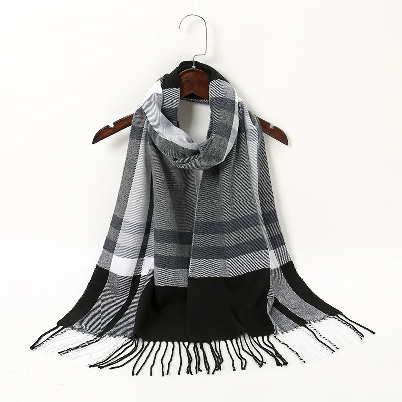 Blended Cashmere Scarf Plaid Fashion Shawl For Women Winter Warm Scarf Stoles Tassel Splicing Neckerchief Wraps