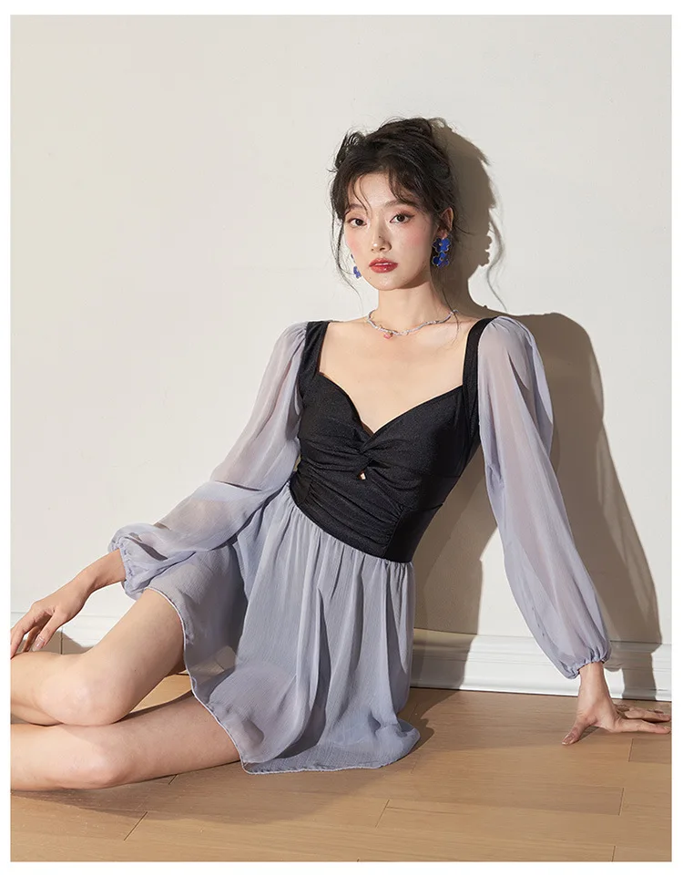 Wisuwore 2023 New Korean Ins Long-sleeved One-piece Swimsuit Conservative Skirt Style Cover Belly Show Small Chest Swimming Suit