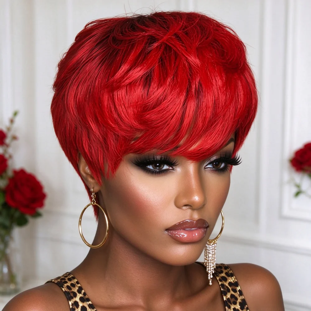 Short Pixie Cut Human Hair Wig for Women, Full Machine Made Bright Red Short Wig, Pre Plucked Natural Hairline, Soft Human Hair