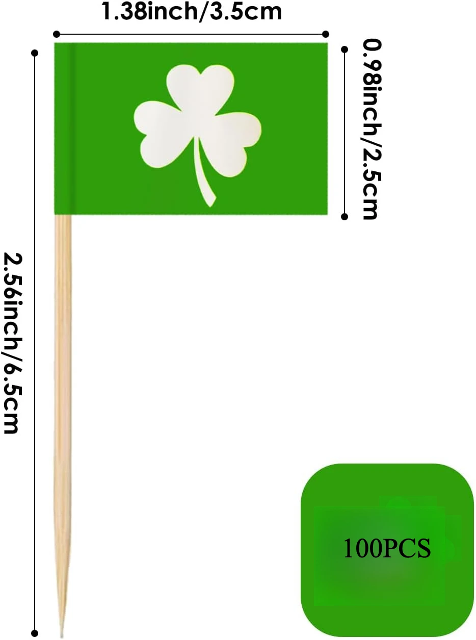 100-częściowe flagi Shamrock na wykałaczki do dekoracji na Dzień Świętego Patryka, wykałaczki koktajlowe, mini koniczyna irlandzka flaga koktajlowa na imprezę