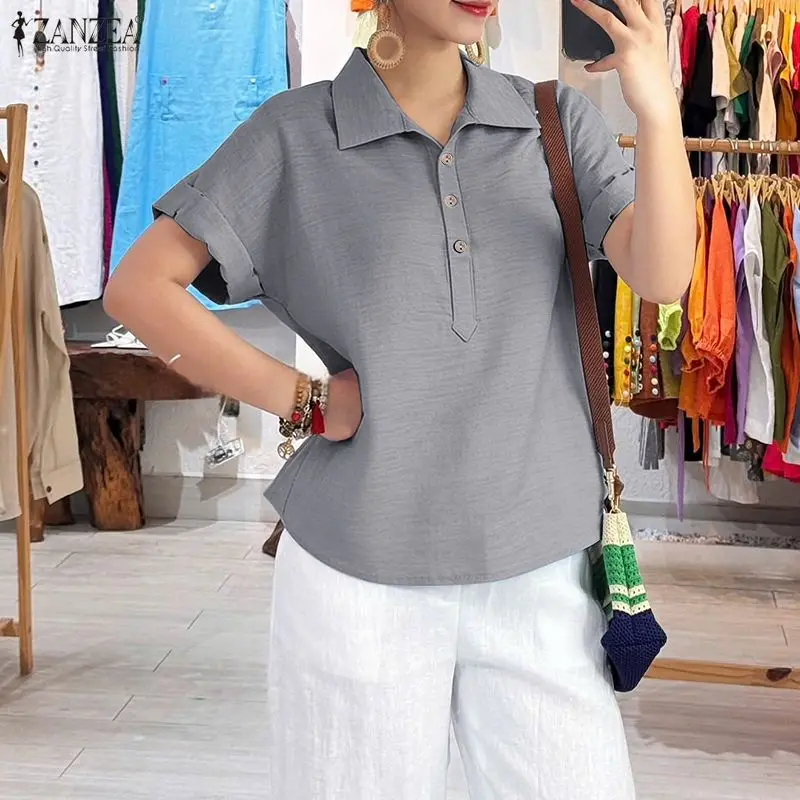 

2026 ZANZEA Summer Shirt Elegant Women Short Sleeve Lapel Neck Blouse Casual Solid OL Work Tops Buttons Up Blusas Mujer Femme
