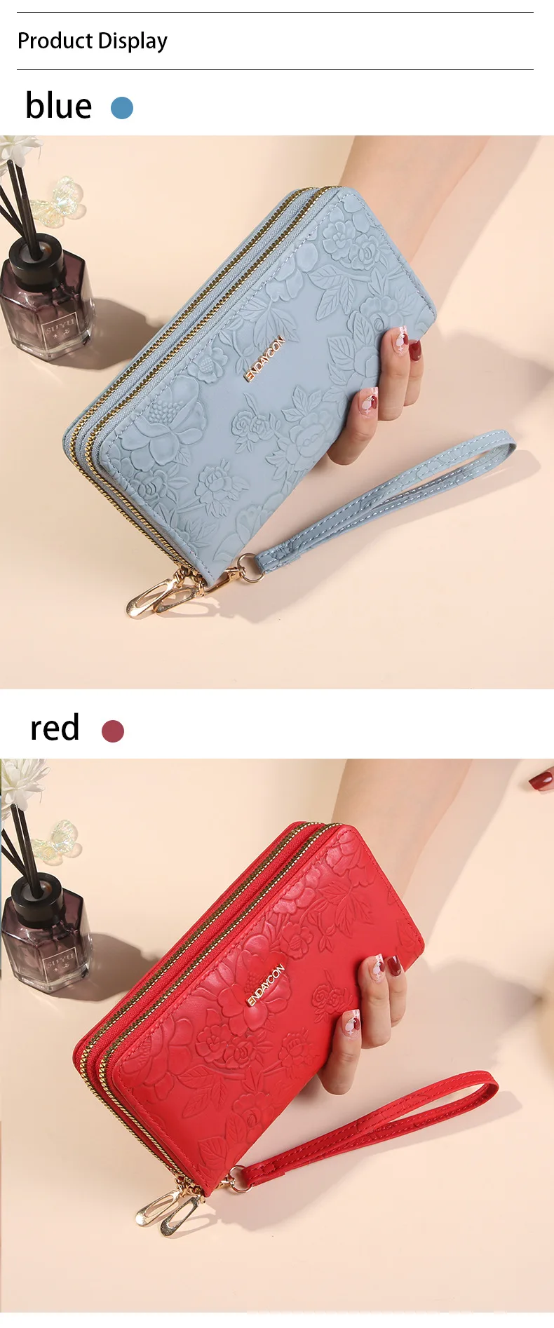Multifunktionale lange Clutch-Geldbörse mit doppeltem Reißverschluss, großes Fassungsvermögen, doppellagiger Geldclip, kreativer Kartenhalter, Handytasche – Detail 12