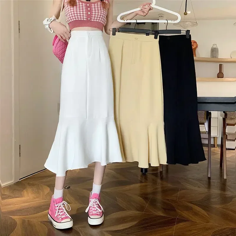 2025 New Summer Ruffled Formal Skirts Women Fashion Elegant High Waist Black White Long Mermaid Skirt Female