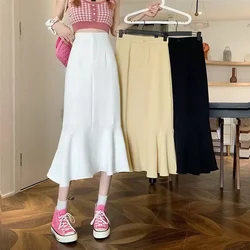 2025 New Summer Ruffled Formal Skirts Women Fashion Elegant High Waist Black White Long Mermaid Skirt Female