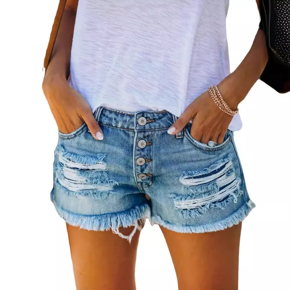 2024 Summer New Denim Shorts Women Fashion Trendy Hole Tassel Solid Color Single-breasted Short Female Hot Pants Streetwear