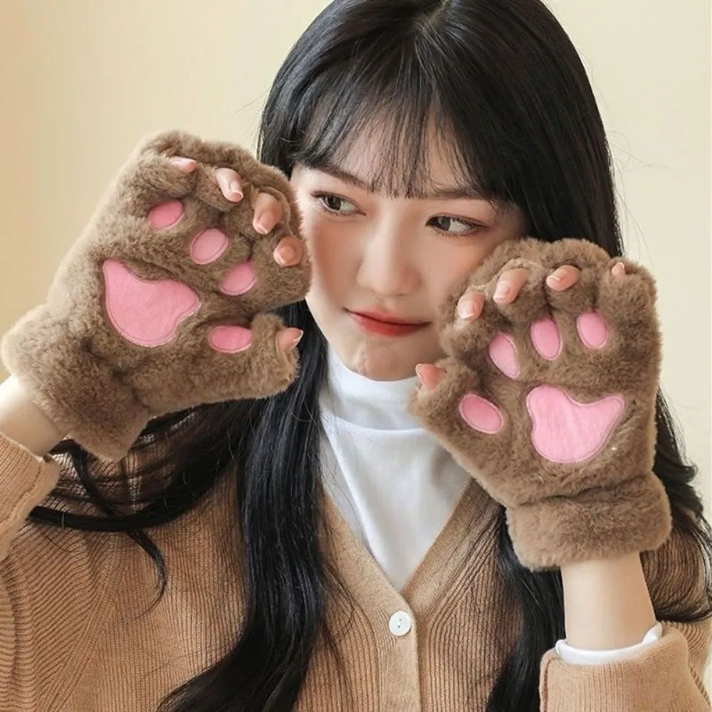 Fashionable Polyester Fleece Lined Fingerless Gloves Warm Lined Cold Proof Paw Gloves Cartoon Cat Gloves Daily Wear