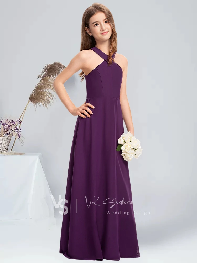 A-line Halter Floor-Length Chiffon Junior Bridesmaid Dress Grape Flower Girl Dress Party for Kids Communion Dress for Juniors