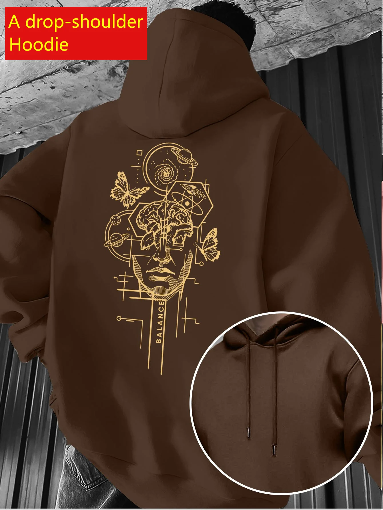 Gold Figure Planet Butterfly Line Print Drop Shoulder Hoodie Men Abstract Art Casual Pullover Sweatshirt Fashion EU Size XS-5XL