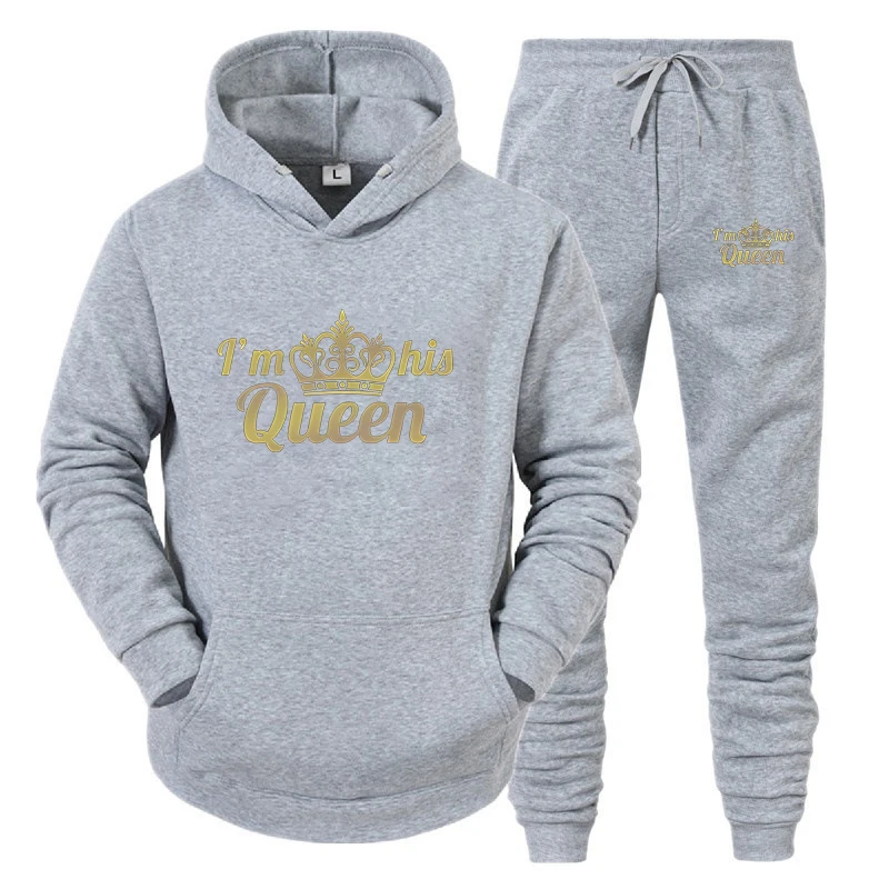 Crown KING QUEEN Print Men/Women Tracksuit Sets Casual Hoodie And Pants 2pcs Sets Oversized Pullover Lover Couples Sportwear Set