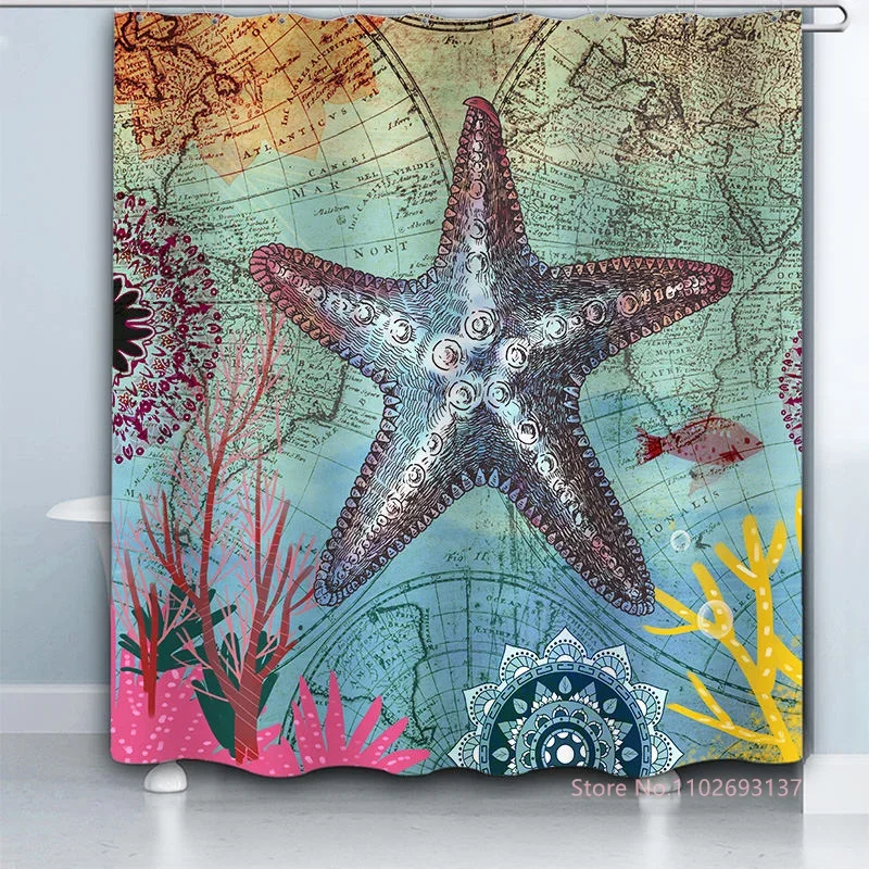 3D Turtle Starfish Shower Curtain Underwater World Landscape Polyester Fabric Bathroom Curtain Waterproof 12 Hook Bathtub Decor