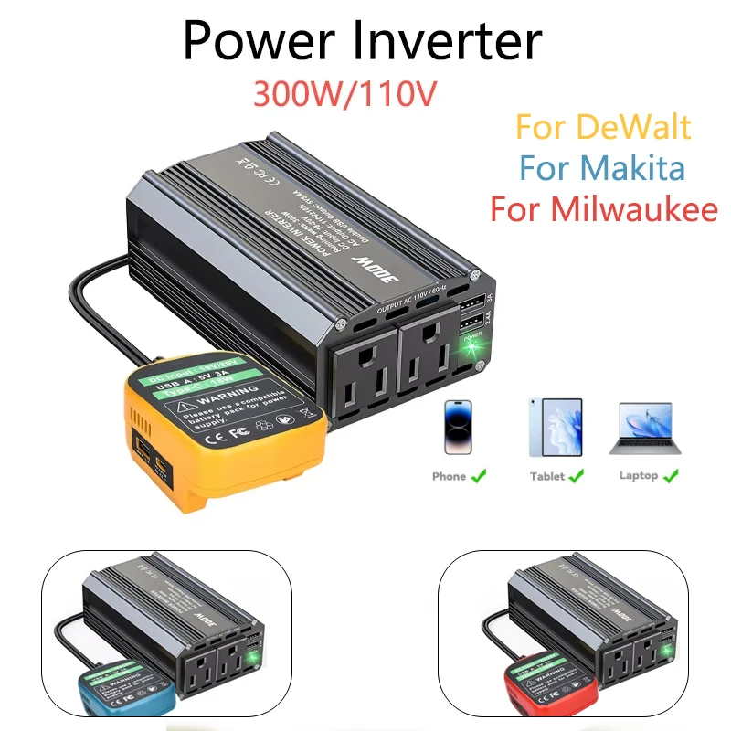 

300W Car Power Inverter Charger for Makita/DeWalt/Milwaukee 18V Li-ion Battery AC110V with USB-A and USB-C Ports Outdoor Charger