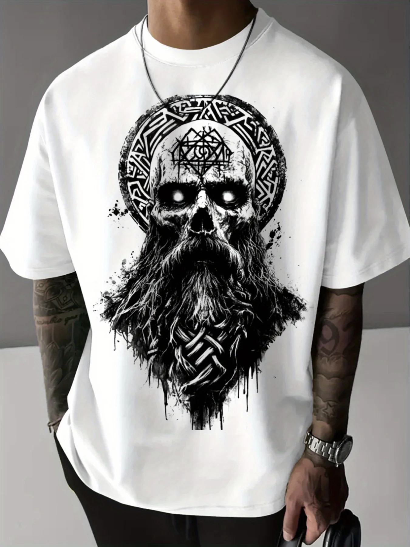Men's Viking Norse Celtic Knot & Skull Beard Print T-Shirt - Viking Knot Design, Soft Breathable Fabric, Gothic Streetwear Gym &