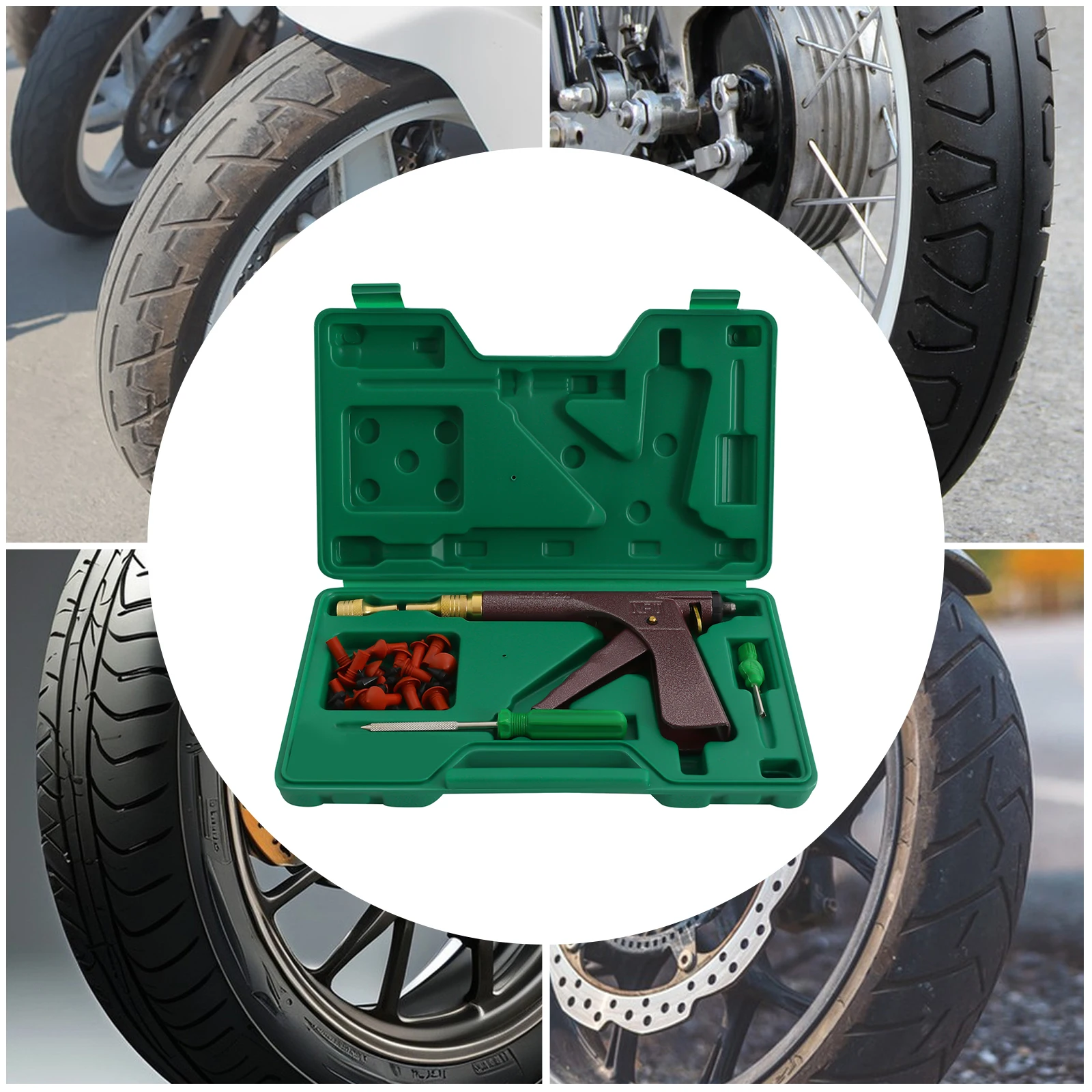 ﻿   طقم إصلاح الإطارات بدون أنابيب عالي الكفاءة للمركبات المتعددة مع 45 #   مسدس إصلاح عجلة الإطارات الصلبية