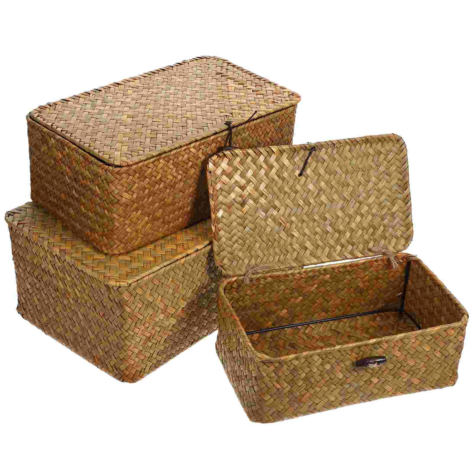 3pcs New Seaweed With Button Woven Basket Straw Woven Debris Desktop Storage Box Hand-woven Storage Basket - Size S, M, L