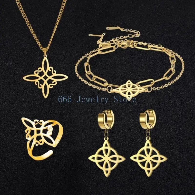 F2TD Stainless Steel Jewelry Set Witch Irish Knots Shaped Necklaces Bracelets Earrings Rings Elegant Women Accessories - view 3