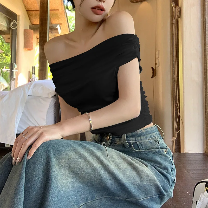 Korean Fashion Off Shoulder T-Shirts Women Slim Sexy Kpop Crop Tops Y2K Vintage Pleated Kawaii Tees Cheap Clothes Woman Tshirts