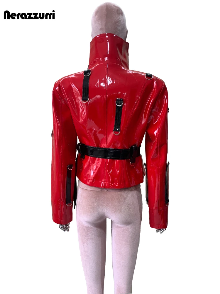 Nerazzurri otoño corto rojo y negro Patchwork brillante reflectante Pu chaqueta de cuero mujeres diseñador de lujo Emo ropa de calle moda