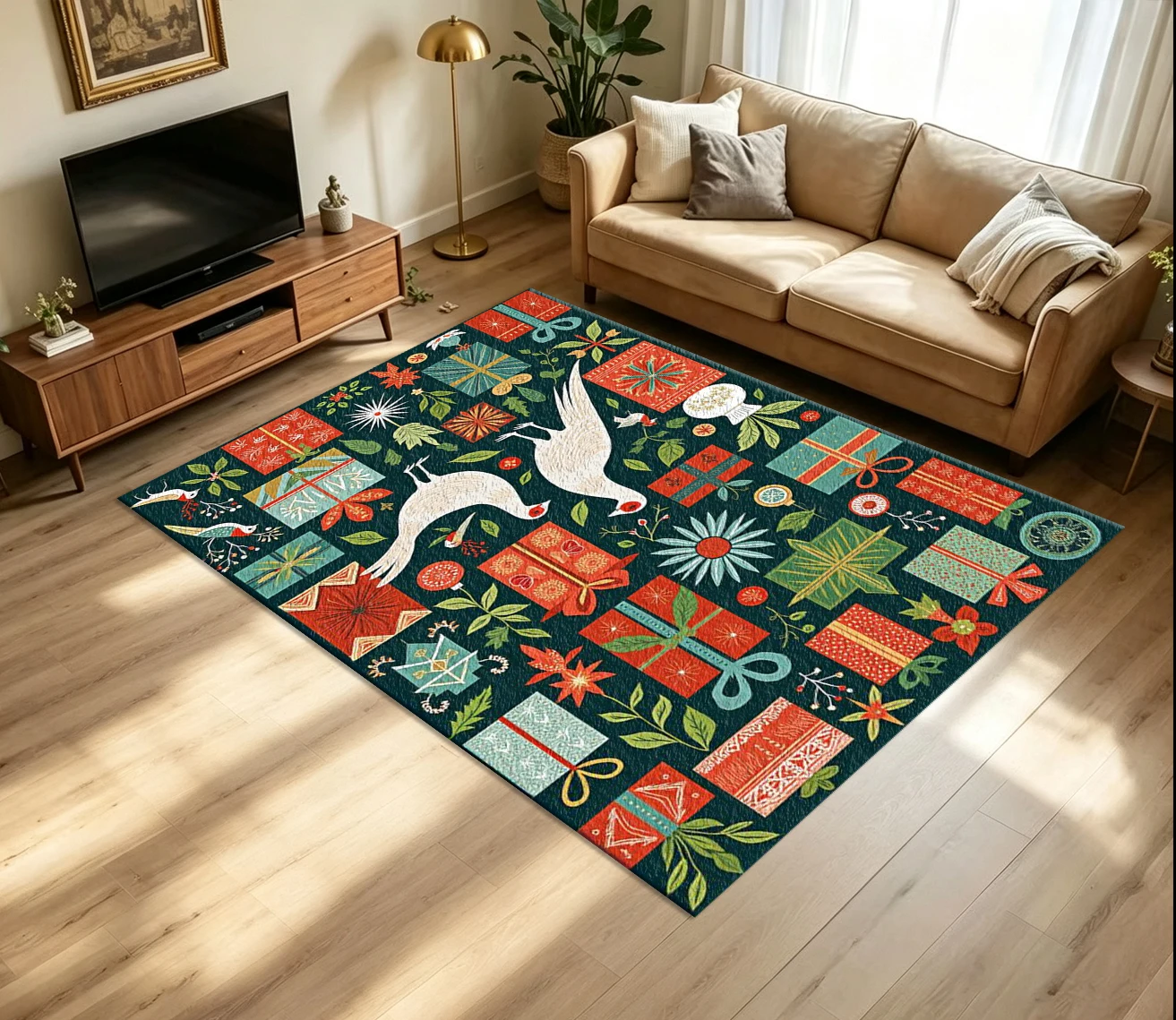 Festive Folk Gift Bird Art Carpet Flooring Vintage Holiday Botanical Repeating Print Floor Rug for Household Room Home Decoration