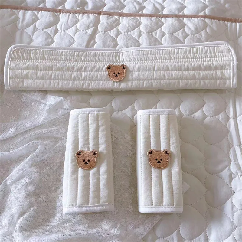 Universal Stroller Handlebar Cover Cotton Teething Guard with 3D Animal Embroidery Chew Proof Shoulder Protector Drool Pad