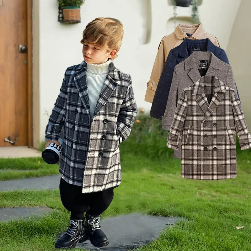 

Children Windproof Outdoor Jacket 2-11Y Boys Girls Retro Houndstooth Winter Thick Warm Wool Coat Kids Photography Woolen Coat