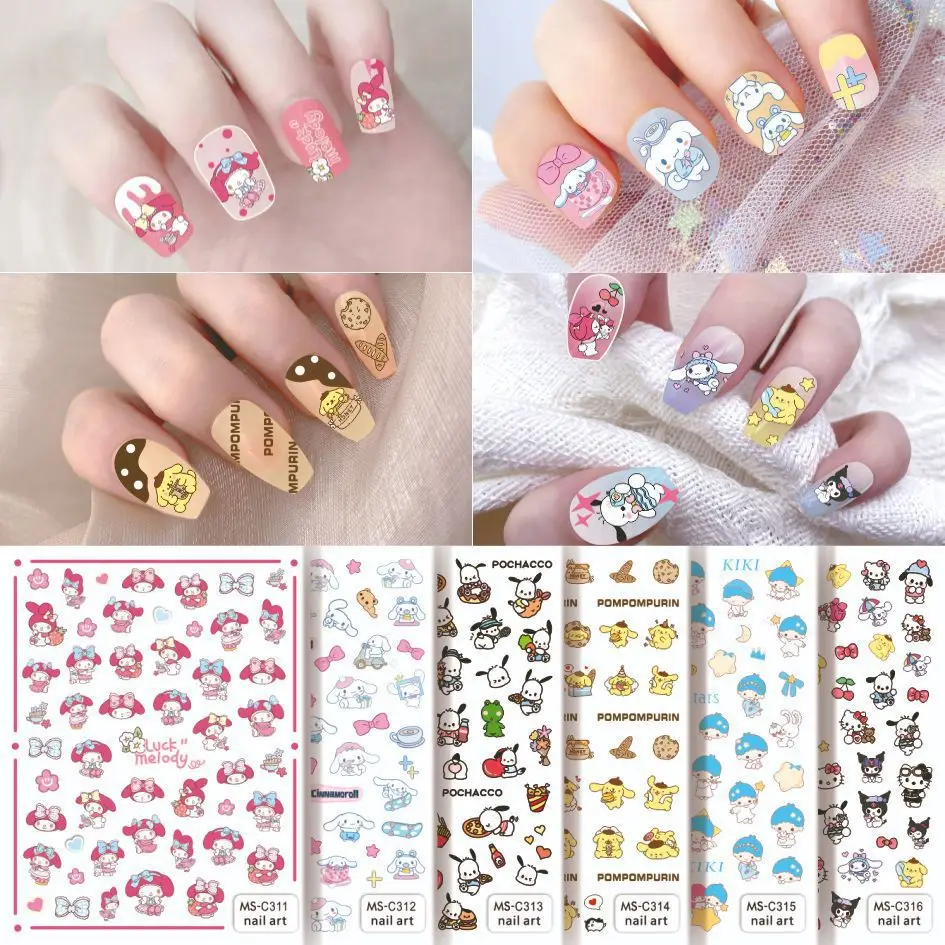 Sanrio My Melody Nail Sticker Figure Cartoon Kuromi Nail Supplies Nail Decals Hello Kitty Stickers For Nails DlY Nail Decoration