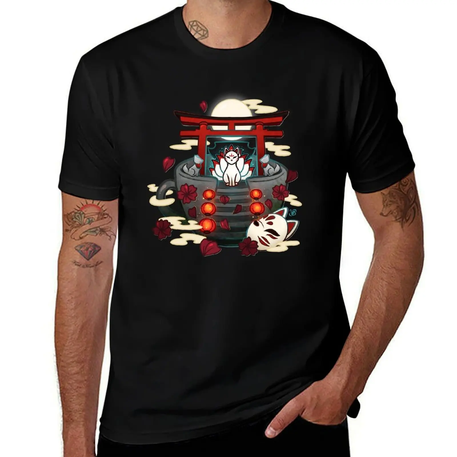 Moonlit Kitsune Shrine Teacup T-Shirt Big and Tall Solid Color T-Shirt