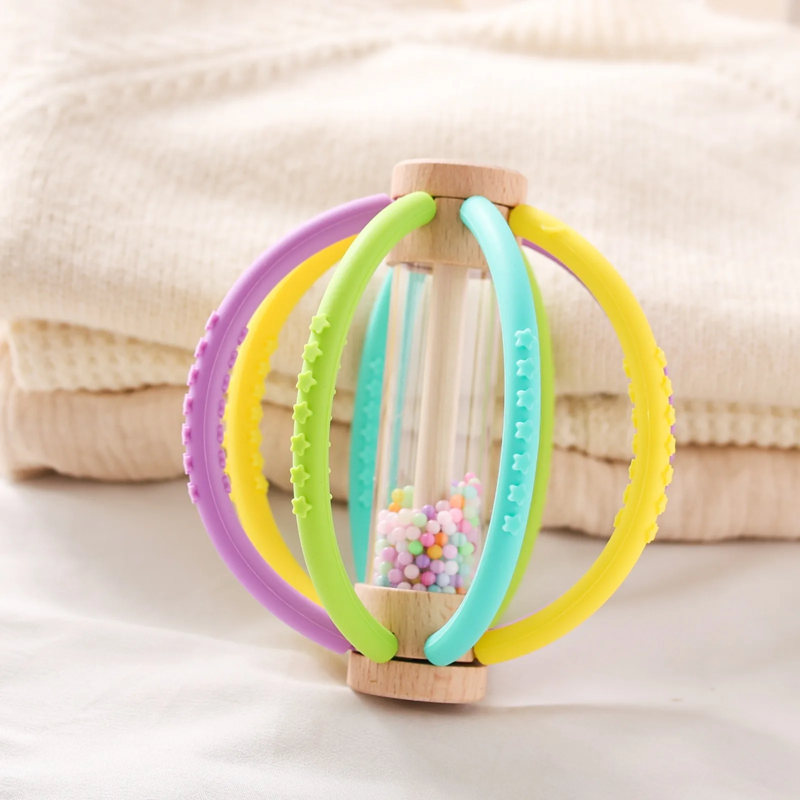 Baby Teether Dinosaur Silicone & Natural Beech Wood Rattle Combo Gift Set Chewable Sensory Easy Grip Food-Grade 0-12M