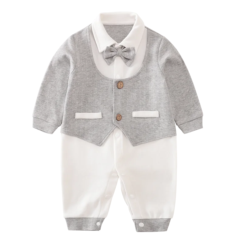 Spring and Autumn Newborn Stripe Suit Fake Two Piece Formal Set Long sleeved Pure Cotton Bow Gentleman Set