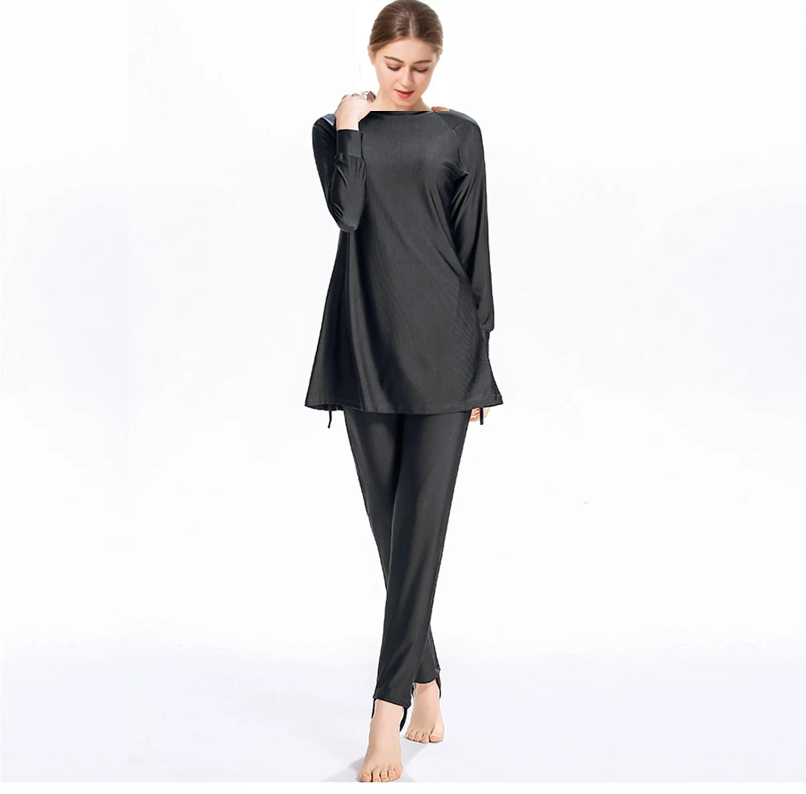 Long Sleeve Swimwear Conservative Bathing Suit with Drawstring Hem 未标题-1